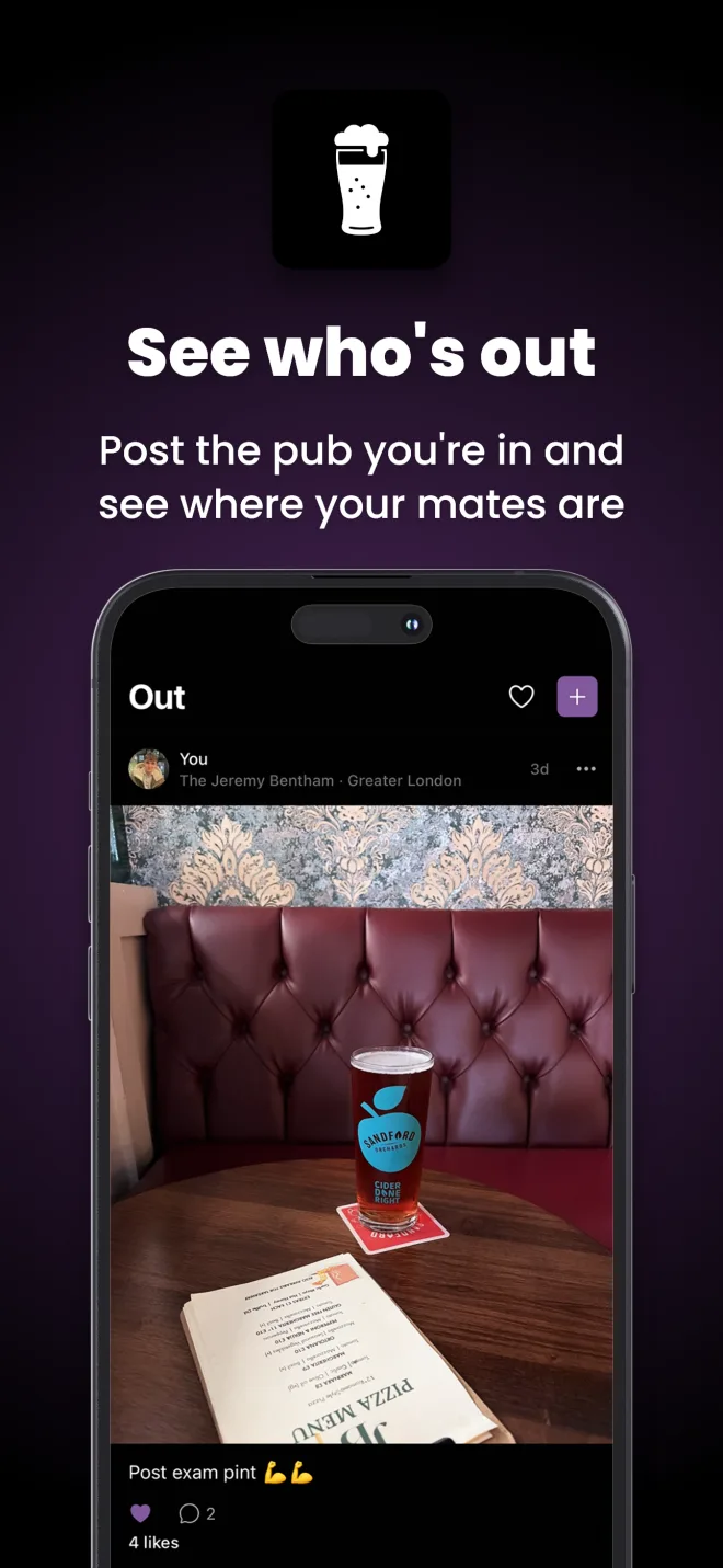 The Out feed showing a friend's check-in at a London pub with a photo, a caption and replies.