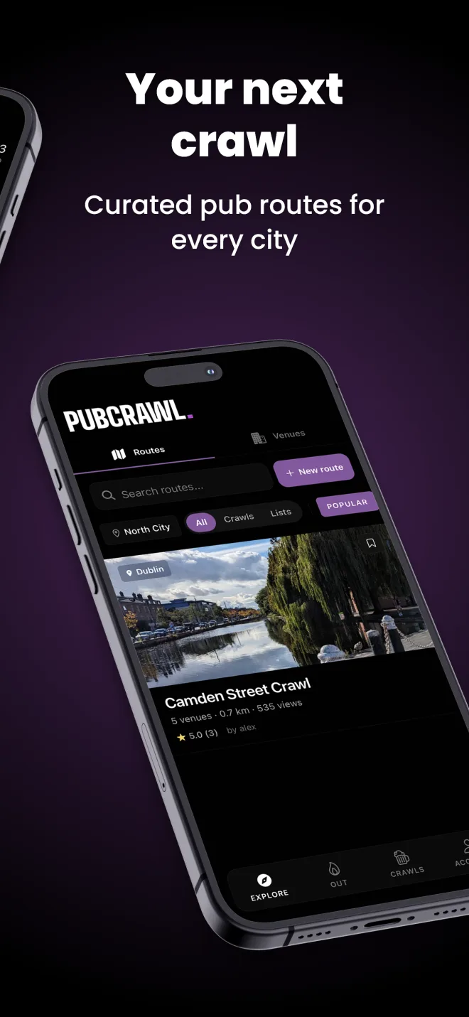 The Explore tab listing curated pub routes, each with its stop count, walking distance and rating.