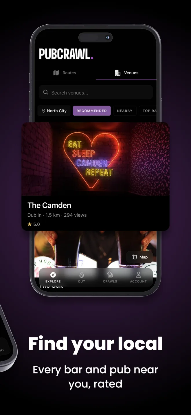 The Venues tab showing nearby bars and pubs with ratings and distance.