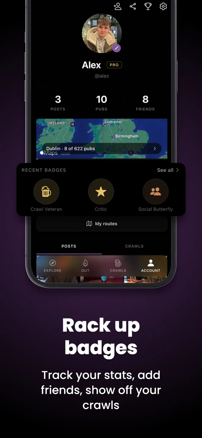 A user profile showing crawl stats, a pubs-visited map and recent achievement badges.