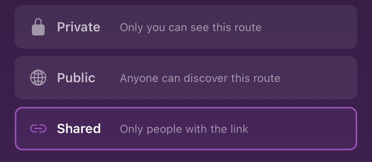 Route visibility options: Private, Public, and Shared